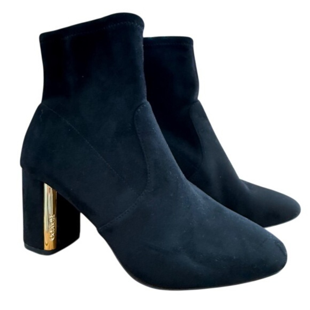 Coach Suede Sock Ankle Boot Women 9 Gold Logo Block Heel Luxe Chic Romantic Noir - Picture 1 of 14